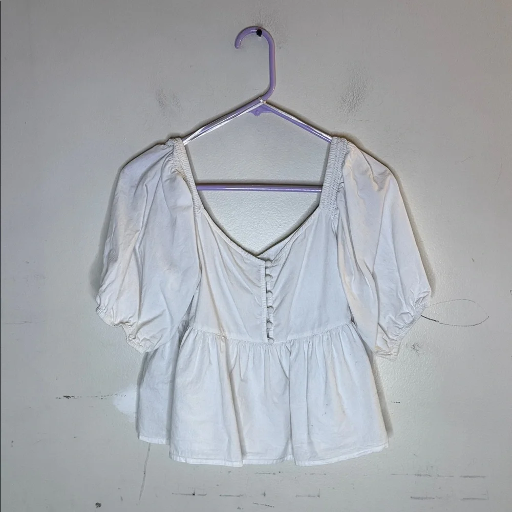 Free People White Puff Sleeve Peplum Button Detail Top Size Small